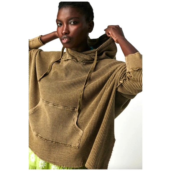 Free People Womens Oversized XS Top Gannet HOODIE THERMAL Tunic Waffle GREEN - Picture 7 of 13